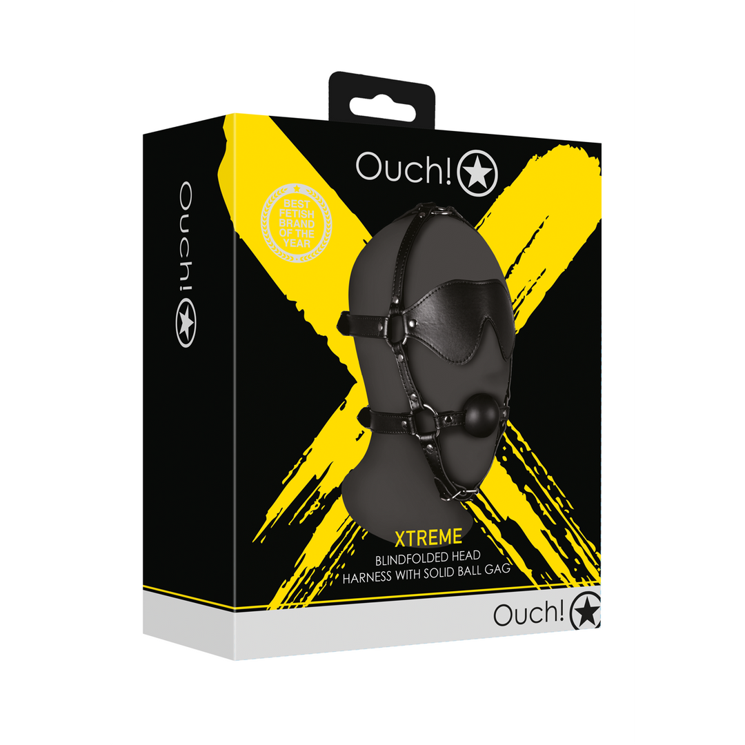 Blindfolded Head Harness met Solid Ball Gag – Zwart