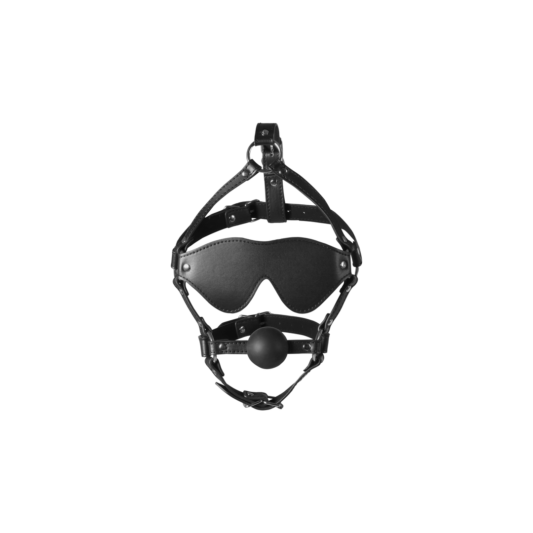 Blindfolded Head Harness met Solid Ball Gag – Zwart