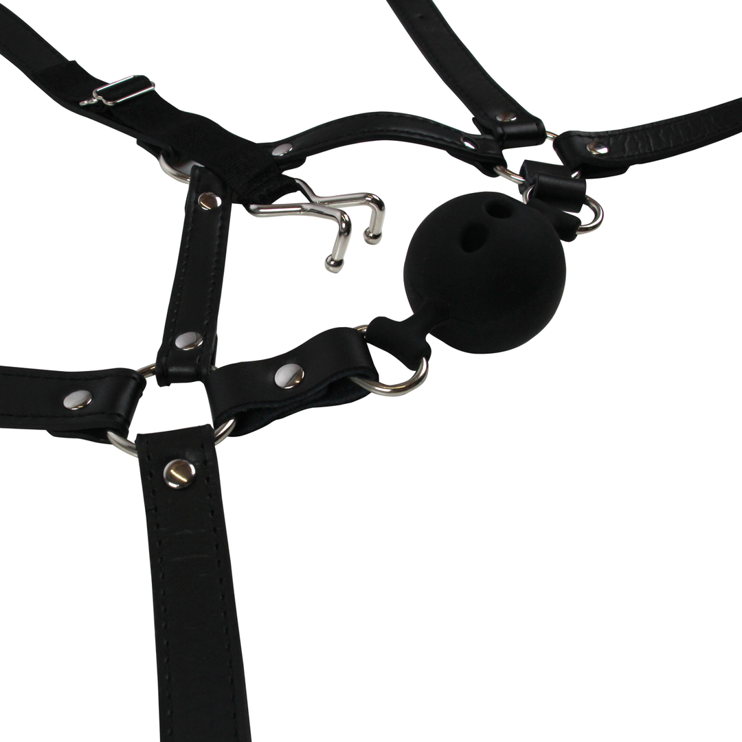 Hoofdharnas met ademende ball gag en neus haken – Zwart