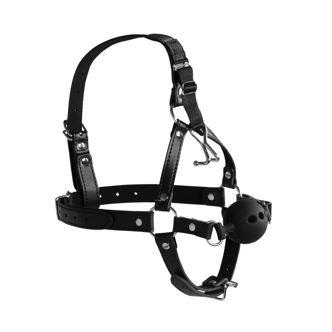 Hoofdharnas met ademende ball gag en neus haken – Zwart