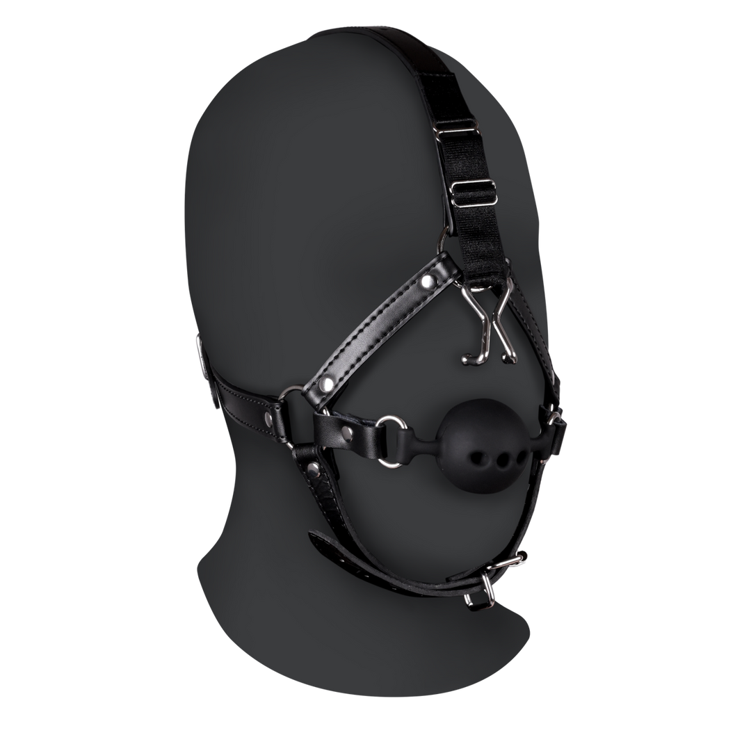 Hoofdharnas met ademende ball gag en neus haken – Zwart