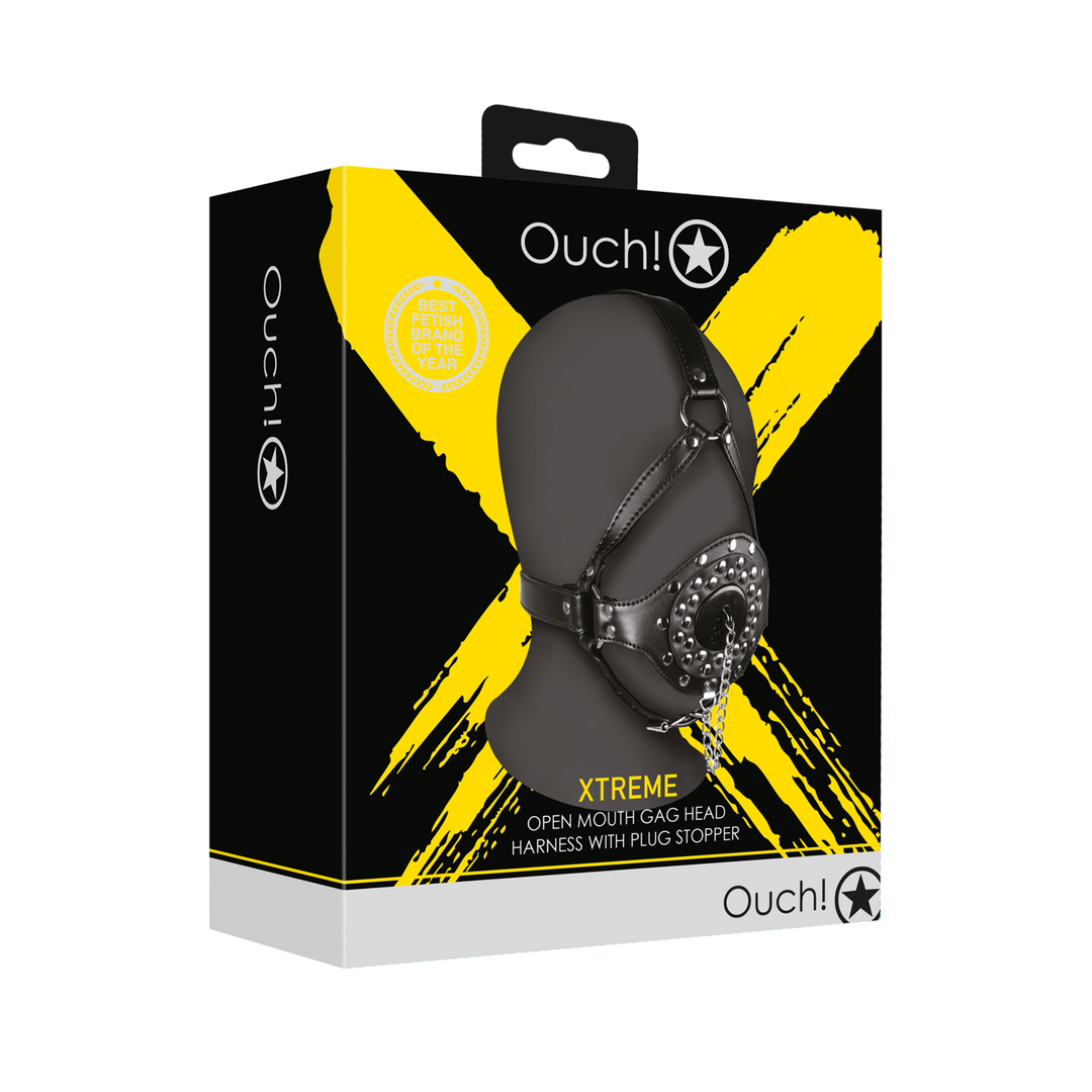 Open Mouth Gag Hoofdharnas met Plug Stopper – Zwart
