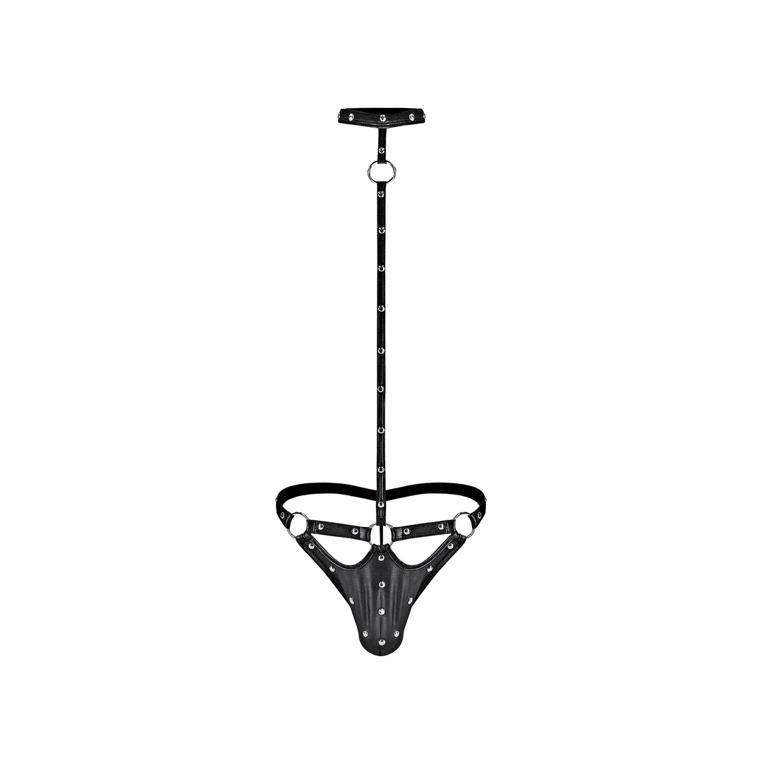 Tormentor – One Piece Choker G-String met Contour Peek-a-Boo Pouch – S/M – Zwart