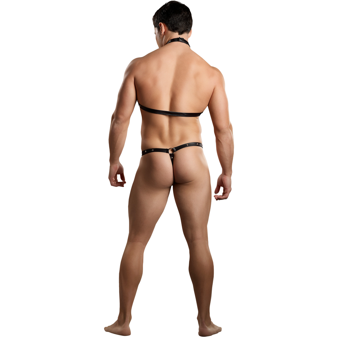 Gladiator – Tanga Bevestigd aan Harnas met Choker – L/XL – Zwart