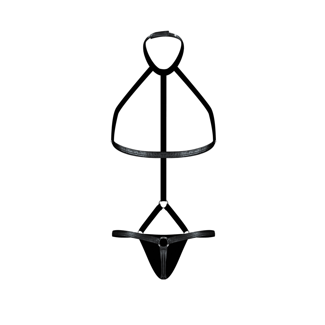 Gladiator – Tanga Bevestigd aan Harnas met Choker – L/XL – Zwart