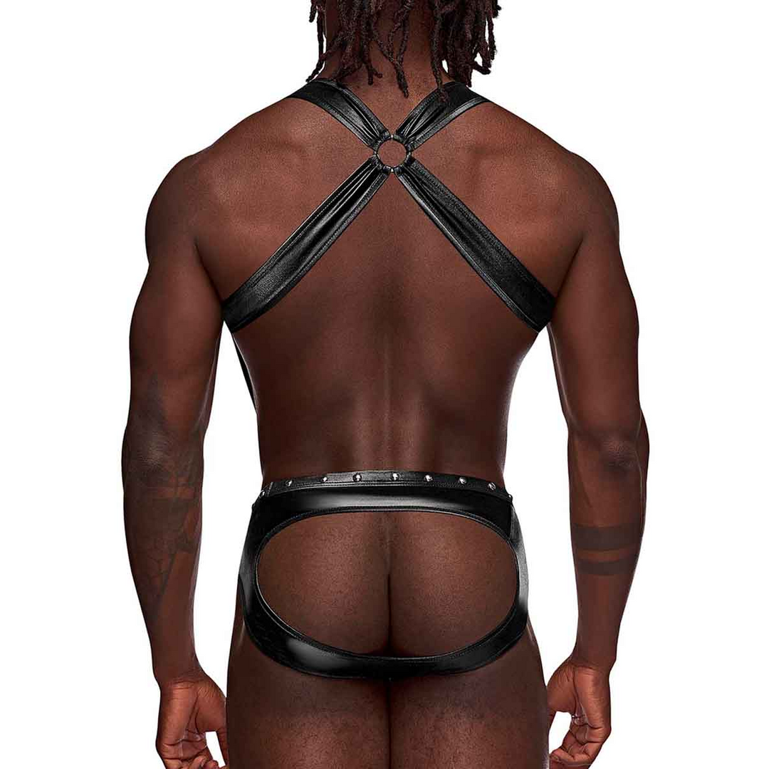 Uranus – Harness Style Open Back Jock Briefs met Suspender Straps – S/M – Zwart