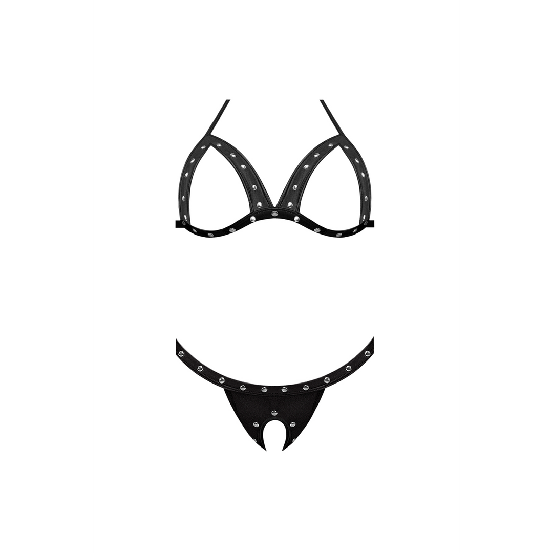 Aphrodite – Sexy Imitation Leather Bra and G-String Set with Open Cups and Open Crotch – S/M