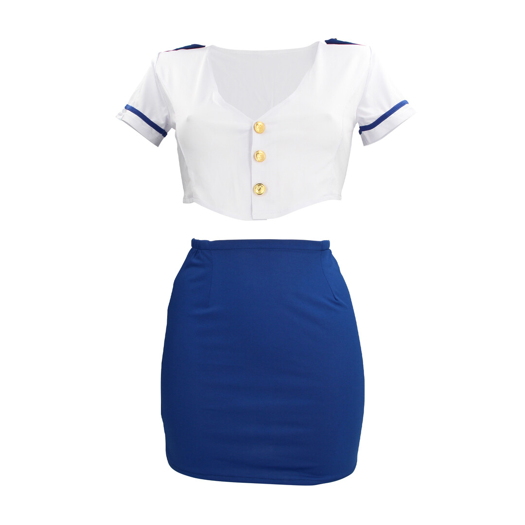 Stewardess Kostuum – S/M – Blauw/Wit