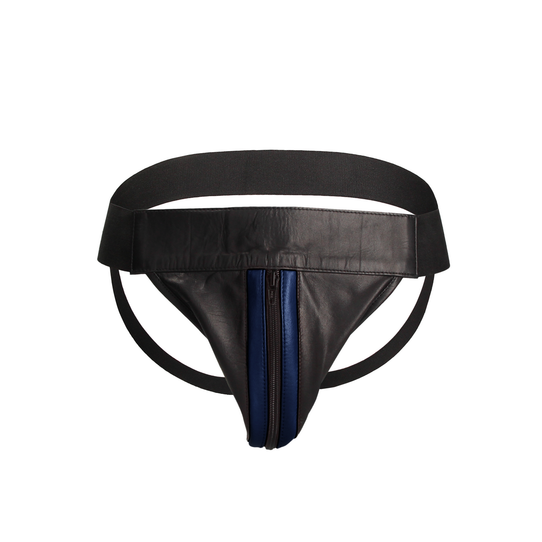 Striped Front Leather Jock Strap with Zipper – L/XL