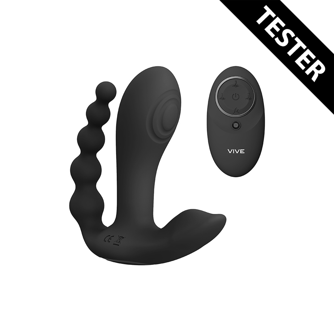 Kata - Vibrador de doble penetración con pulso y vibración - Negro - Tester