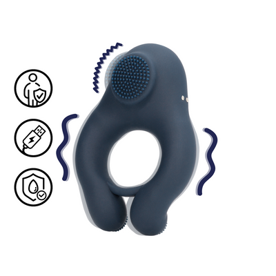 Vibrating Cockring with Clitoris Stimulation - Indigo Blue