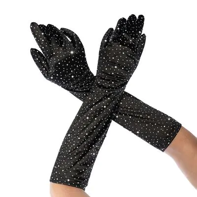 Satin Rhinestone Opera Gloves - One Size - Black/Rhinestone