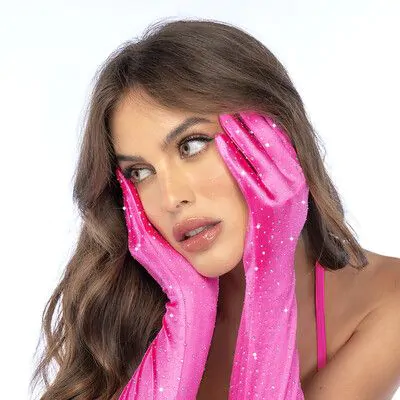 Satin Rhinestone Opera Gloves - One Size - Pink/Rhinestone