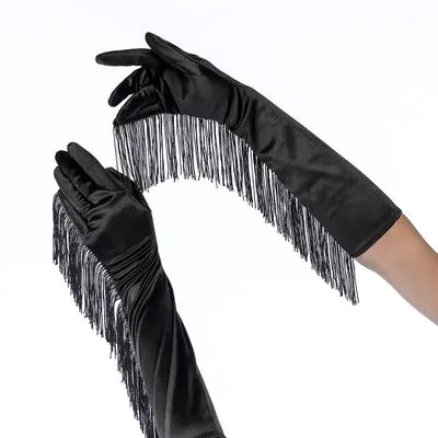 Satin Fringe Opera Gloves - One Size - Black