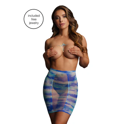High - Waist Fishnet Skirt and Dazzling Cleavage Bling Sticker - One Size - Multicolor