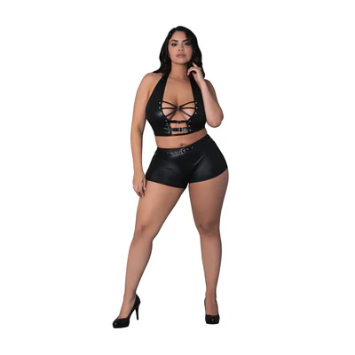 Thalia - Halter Top and Shorts with Rings and Studs - 2X - Black