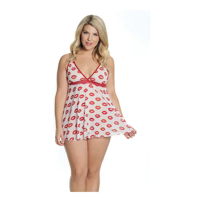 Lip Print Babydoll and Thong - Plus Size