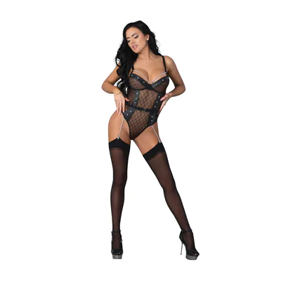 Phoenix - Diamond Mesh Teddy and Garters with Chains Rings and Studs - S/M - Black